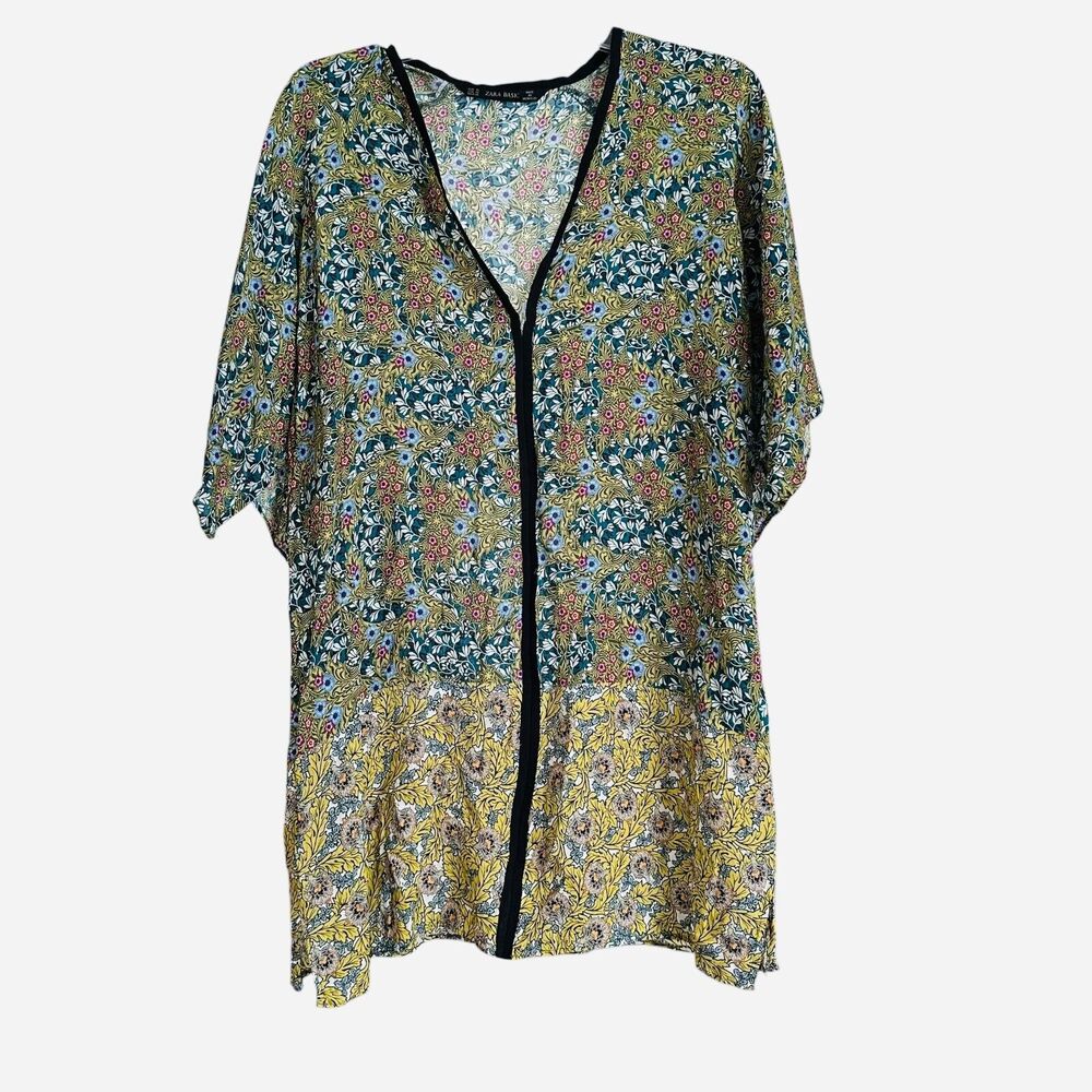 Zara Basic‎ Cover Up Top Size M Green Floral V neck Kimono Sleeve Tunic Blouse